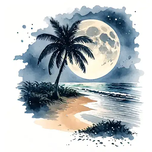 Night Beach Scene With Palm Trees And A Full Moon