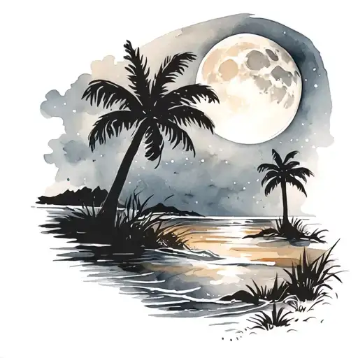 Night Beach Scene With Palm Trees And A Full Moon