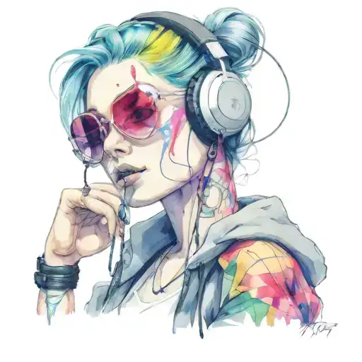 Cyberpunk Woman Tattoos Headphones Rave Music Cables Sexy Sunglasses