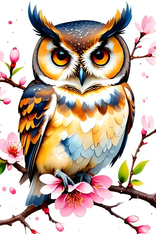 Owl Perched On A Blooming Cherry Blossom