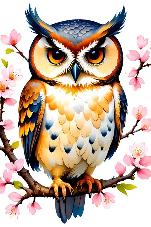 Owl Perched On A Blooming Cherry Blossom Trees