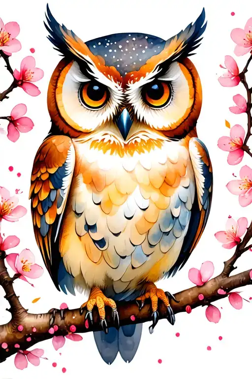 Owl Perched On A Blooming Cherry Blossom Trees
