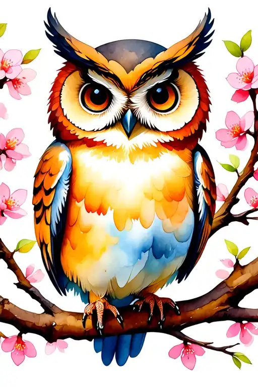 Owl Perched On A Blooming Cherry Blossom Trees Colors Sunset