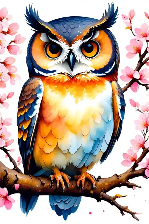 Owl Perched On A Blooming Cherry Blossom Trees Colors Sunset Over Lake