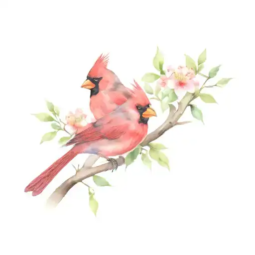 Male & Female Cardinals In A Nest With Branches & Flowers
