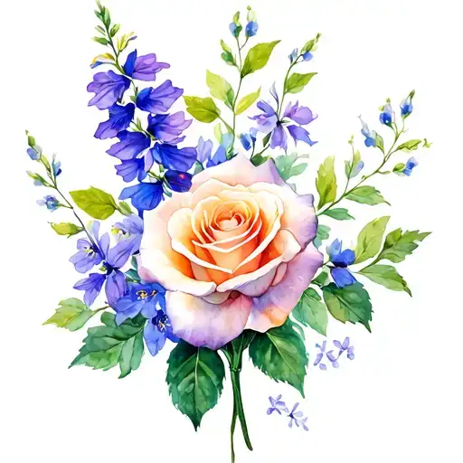 Larkspur And Violet Flowers And Roses Intertwined Within