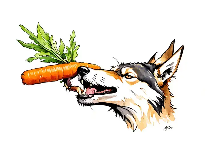 Classic Traditional Style Tattoo Aggressive Wolf Eating A Carrot