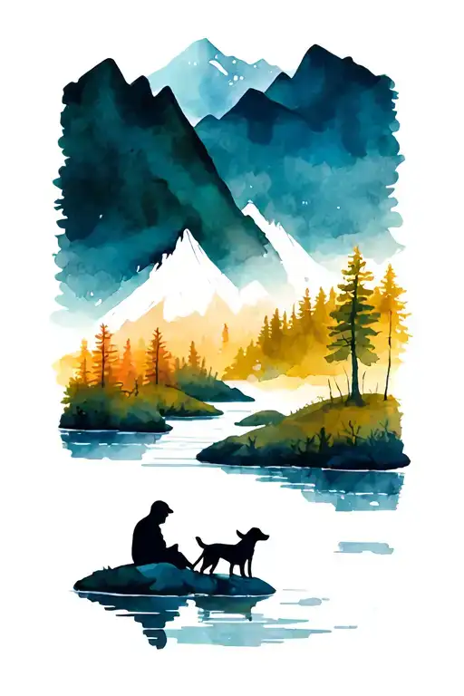Mountains River Trees With Man And Dog Sitting