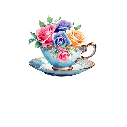 Teacup Filled With Roses And Panzies