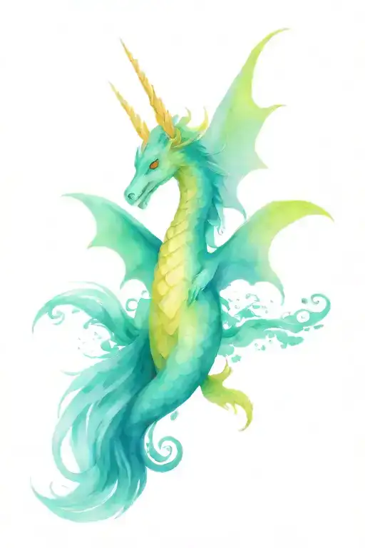 Dragon With Open Wings Around A Unicorn On One Side And A Mermaid The Other Side