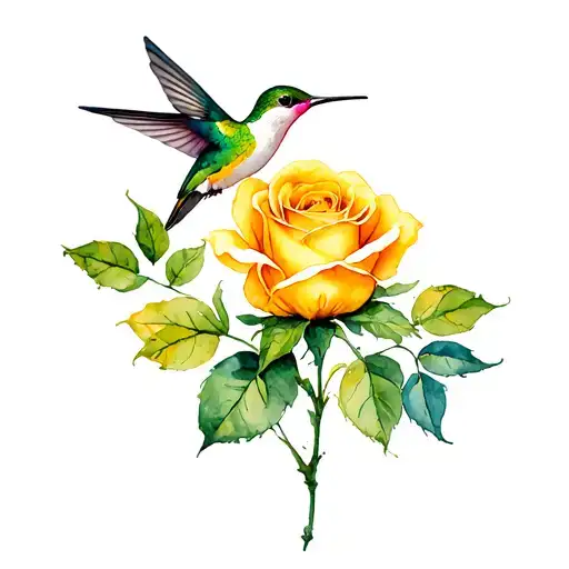 Single Yellow Rose With Hummingbird