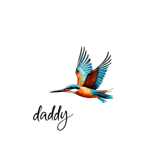 A Flying Kingfisher In Realistic Style With Colors And The Name Daddy