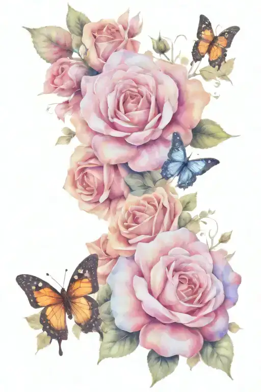 Butterfly And Roses Blooming