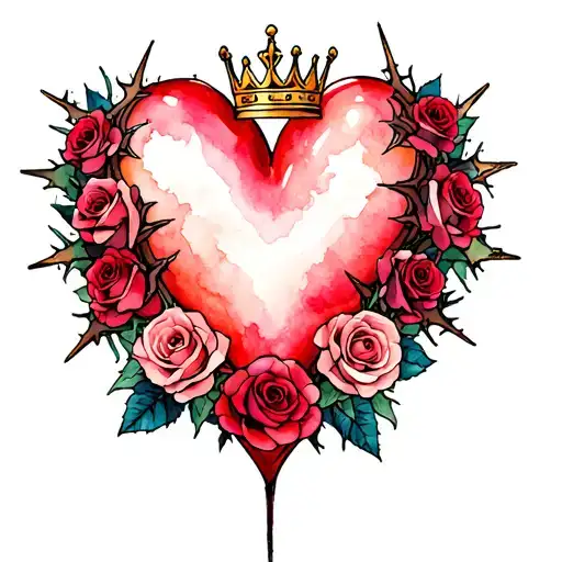 Heart Surrounded By Thorns And Roses With A Crown Adorned