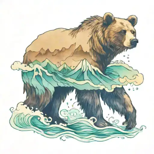 California Bear With Mountain And Ocean Waves Forming