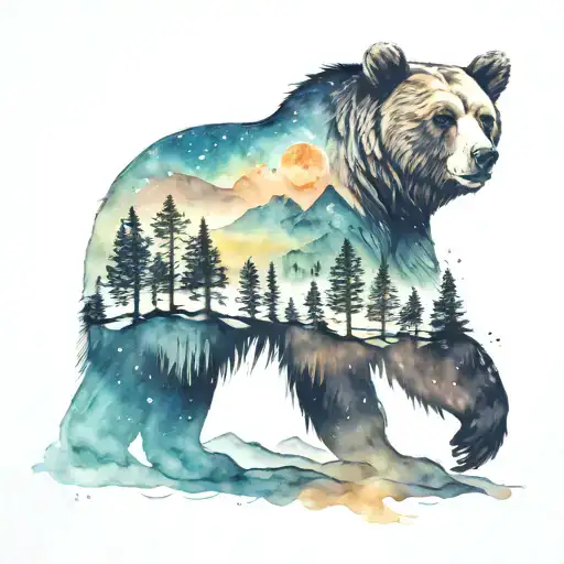 California Bear With Mountain And Stars And Moon
