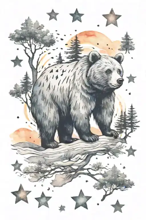Watercolor Bear With Stars And Trees Colors Sunset