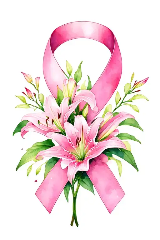 Pink Cancer Ribbon And Stargazer Lillies Growing
