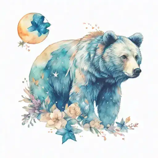 Bear Head Flowers Stars Shining Full Moon