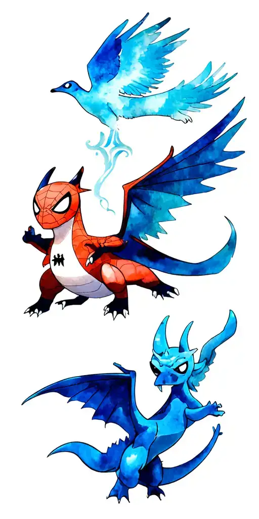 Charizard And Articuno And Spiderman And One Piece