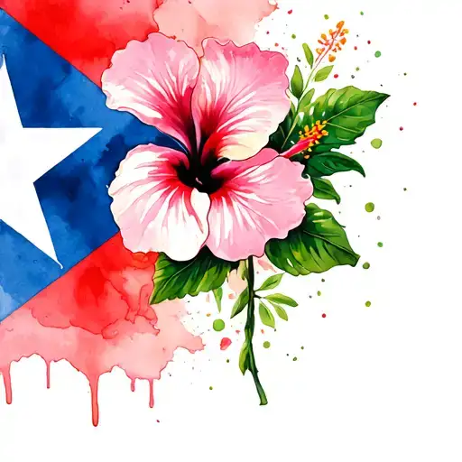 Puerto Rico Flag With Hibiscus Flower Blooming