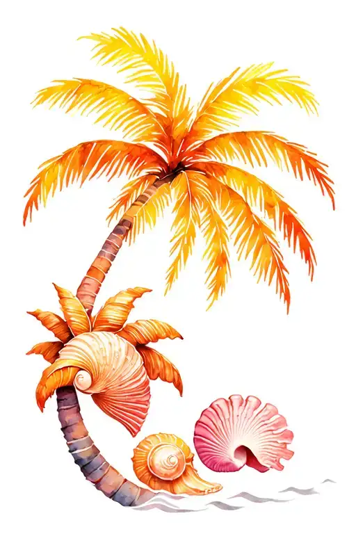 Palm Tree And Wave With Sea Shells