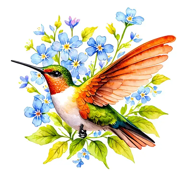 Humming Bird With Forget Me Not Flowers