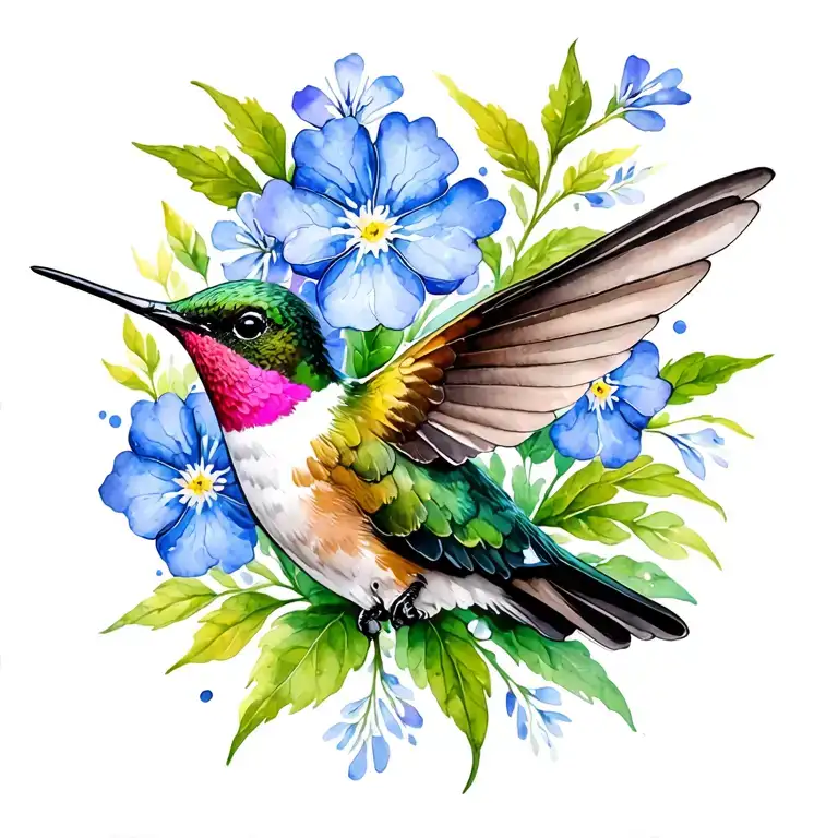 Humming Bird With Forget Me Not Flowers