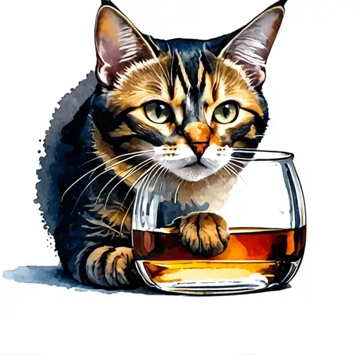 Cat Looking Through A Bottle Of Whisky
