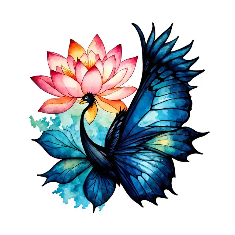 Half Of A Butterfly Half Of A Phoenix With A Lotus Flower