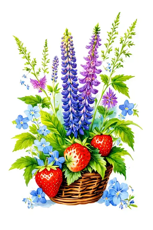 Lupin And Fireweed Tangled Around A Berry Basket With Strawberry Plants And Forget Me Nots