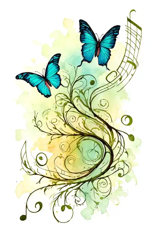 Butterfly And Music Notes In Curling Vines Or Roots Entwined