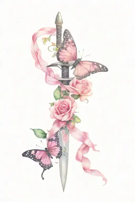 Roses Wrapped Around A Sword With A Pink Butterfly