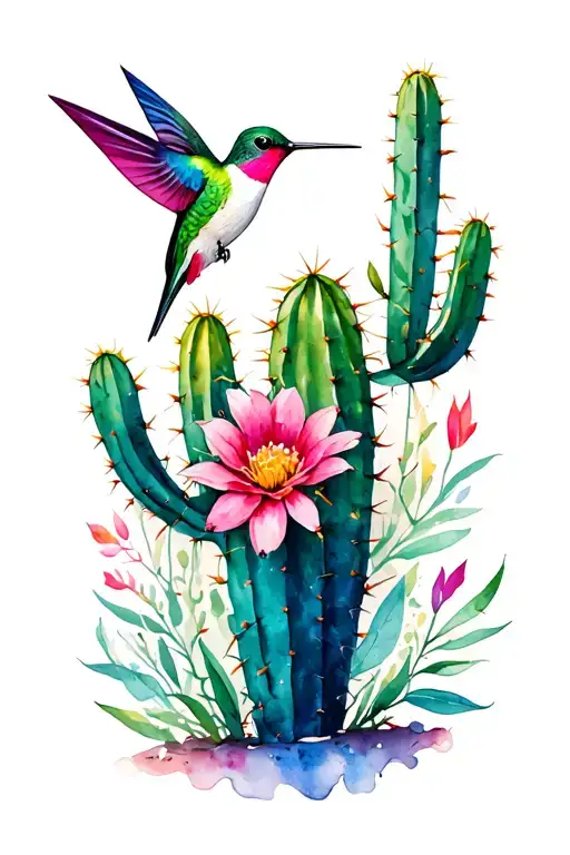 Nature Inspired Tattoo With Cactus And Hummingbird