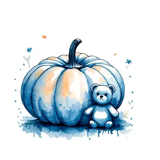 Blue Eyed Pumpkin Next To Small Teddy Bear