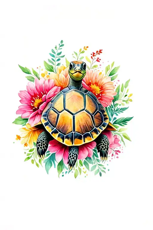 Turtle Surrounded By Flowers