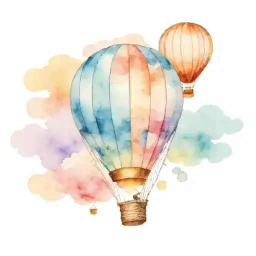 Hot Air Balloon In Blue Sky Disappearing Into Clouds
