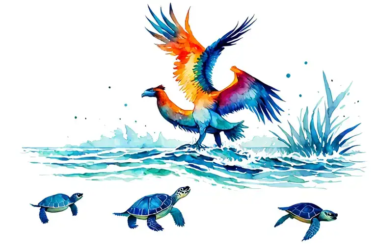 Phoenix Bird Rise From Ocean With Turtles Swimming