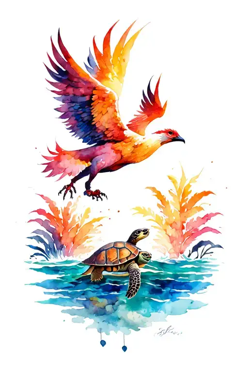 Phoenix Bird Rise From Ocean With Turtle Family