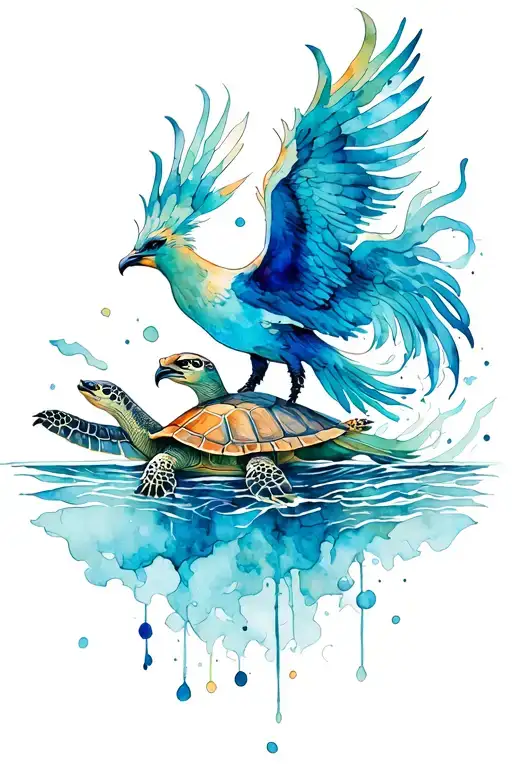 Phoenix Bird Rise From Ocean With Turtle Family