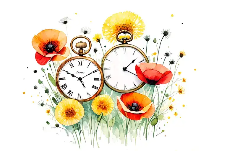Two Timepieces Surrounded By Poppies And Dandelions