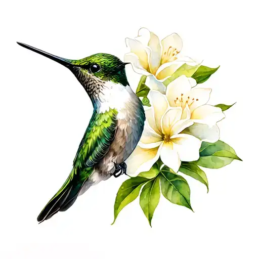 Green And White Hummingbird And Gardenia Flower