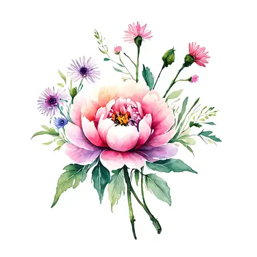 Peony And Aster Flower With Stem