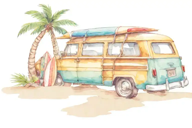 Woody Surf Wagon With Surf Boards On A Tropical Beach