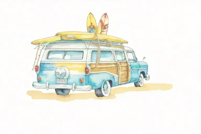 Woody Surf Wagon With Surf Boards On A Tropical Beach
