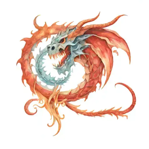 Red And Blaxl Dragon Spiraling Around A Bigger Dragon Skull