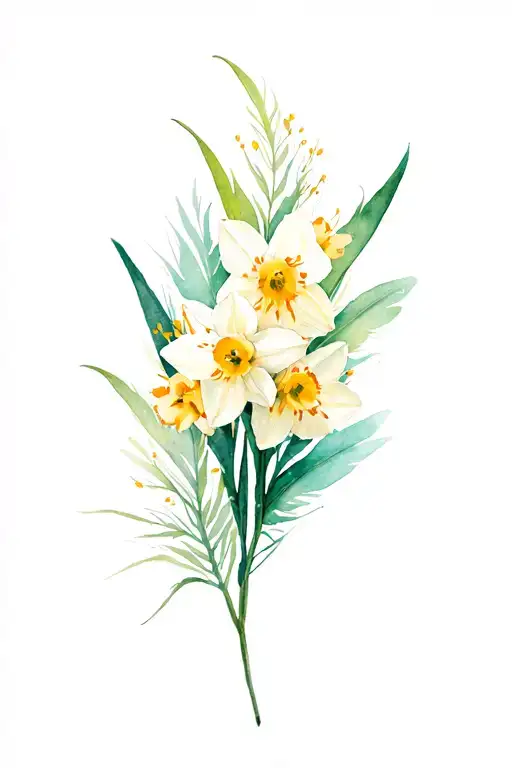 Feather With Narcissus Gladiolus And Hawthorn Flowers