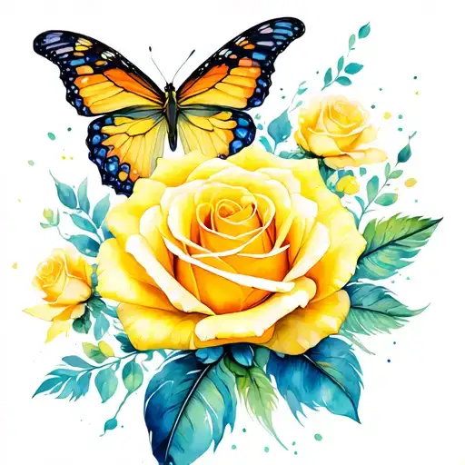 Yellow Rose Butterfly And Feather
