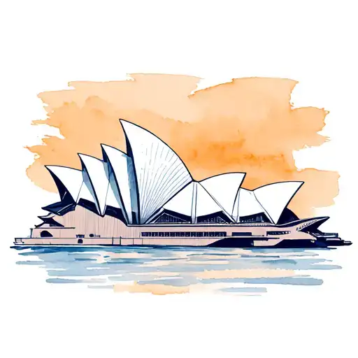 Minimalist Sketch Outline Of The Sydney Opera House With A Mixed Blue Watercolour Background