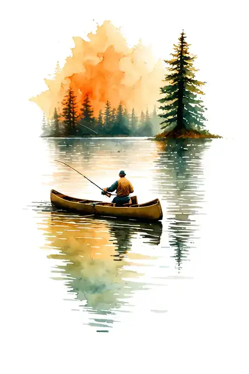 Man Fishing On A Canoe On A Lake Surrounded By Trees